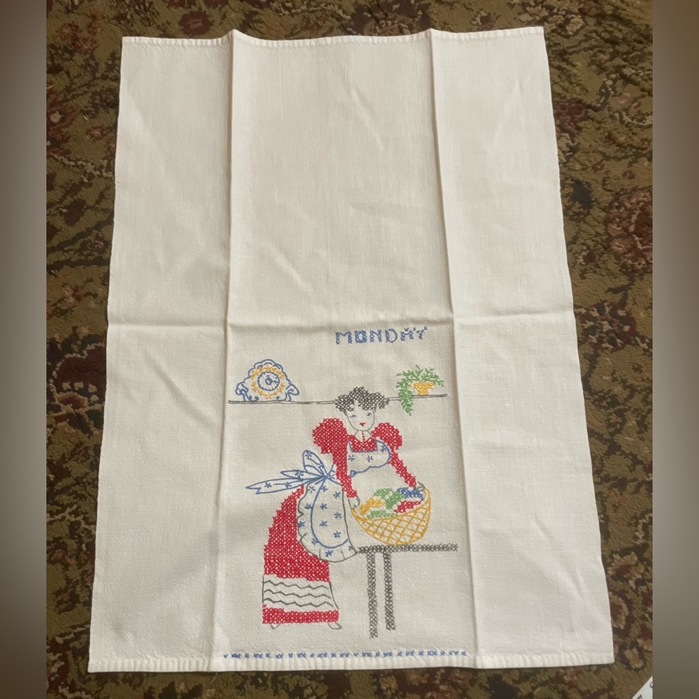 Vintage Embroidered Day-of-the-Week Kitchen Towels - Red, Green, Orange
